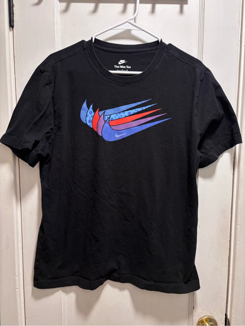 Nike Black Short Sleeve Tee with Blue and Red Swoosh Graphic